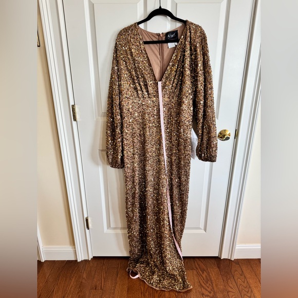 Mac Duggal 10791 Bronze Textured Long Sl V-Neck Maxi Dress $498 MISSING SEQUINS - Picture 4 of 10